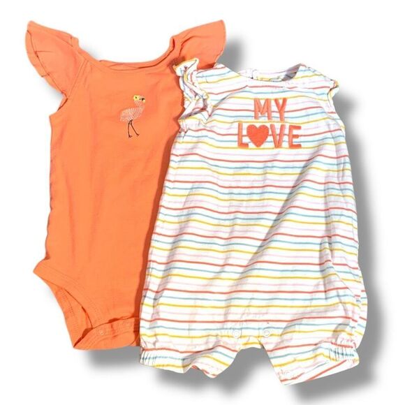 Just One You By Carter’s Baby Girl Rompers 2-Pack Flamingo Striped My Love 9M - Picture 1 of 11